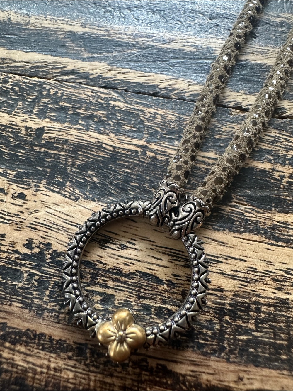 Barbara bixby Silver and Gold Floral Pendant brown leather Necklace NWOT